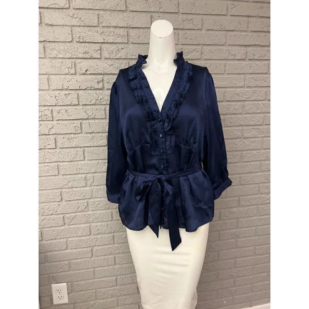 AGB Women Navy Textured Satin Ruffle Neckline Blouse Size L